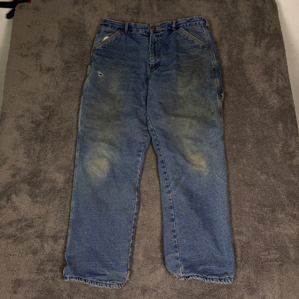 Crossfire Carpenter Jeans Blue Fleece Lined Distressed Workwear Denim 36x32 - Picture 3 of 7
